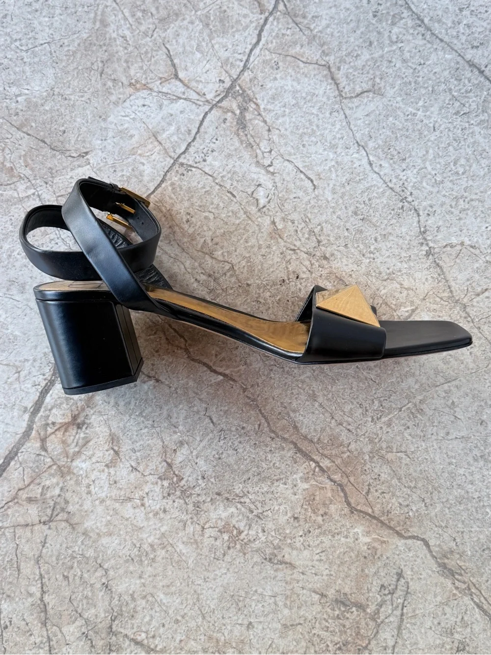 NEW! Valentino Garavani One Stud Black Leather Block Heel Sandals